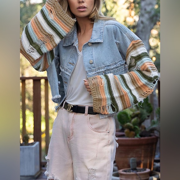 064. POL Distressed Oversized Crop Denim Ripped Stripe Crochet Sleeve Jacket - Picture 7 of 14